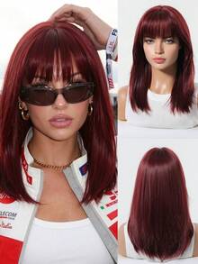 18 Inch Dark Red Straight Bob Wig With Bangs For Women, Heat Resistant Synthetic Wig For Daily & Party Wear - 酒紅色 - 查看 2