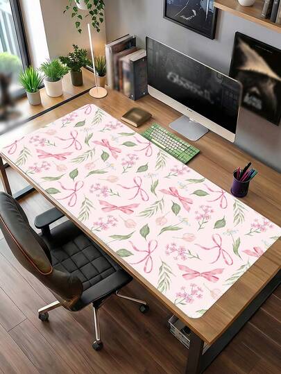 Pink Coquette Desk Mat For Keyboard And Mouse,Cute Floral Large Mouse Pad,Non-Slip Waterproof Desk Pad,Computer Mat With Edge Stitching For Office ( Bow)