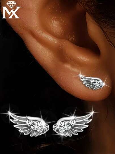 SYMFNY 1 Pair Vintage Luxury S925 Sterling Silver Angel Wings Earrings For Women, Zirconia Inlaid Delicate Wings Earrings, Versatile For Commuting, Dating, Gift For Girlfriend, Best Friend, Birthday, Anniversary