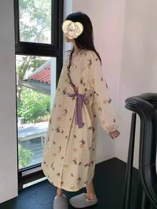 Damen Neue Leichte Frühlings-Nachtwäsche, Damen Kimono Stil Bademantel, Süßer Blume Muster, Langarm, Lila, Leicht, Lässige Homewear, Locker Sitzende Mode, Geeignet für Frühling & Sommer, Bademantel, Nachtwäsche, Nachthemd, Damen Geschenk, Muttertags Geschenk, Damen Bademantel - Verschiedenfarbig - Übersicht 8