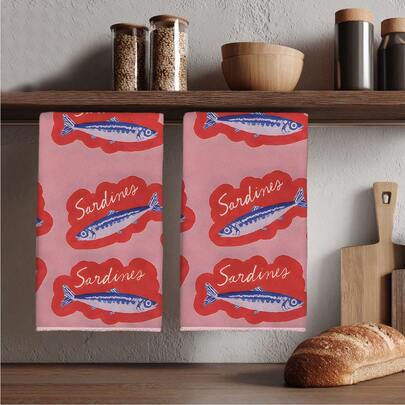 2pcs Vintage Sardine Can Themed Kitchen Towels, Retro Label Style Seamless Pattern, Rectangular Super Soft Microfiber Kitchen Towels, Dish Cloths, Cleaning Rags, Hand Towels, Cooking Baking Tea Towels, Kitchen Decor, Housewarming Gift, Birthday Gift, Bathroom Cleaning Wipes, Decorative Towels