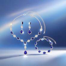 Bộ trang sức cưới thời trang đính đá Cubic Zirconia hình giọt nước, gồm bông tai, dây chuyền và vòng tay. - 1662796 Bộ đồ màu xanh hoàng gia - Xem 2