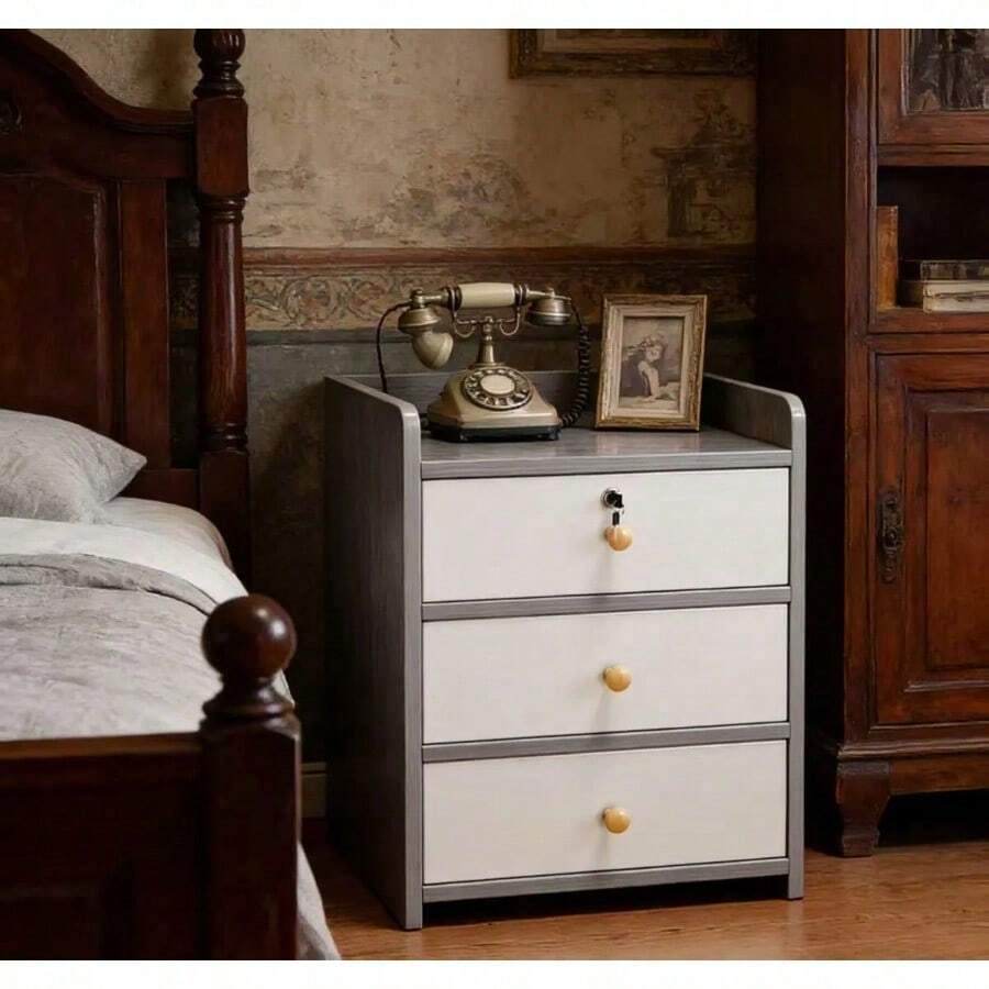 Mesita De Noche Gris De Dormitorio Moderno De Estilo Retro Madera Blanco - Negro - Ver 1