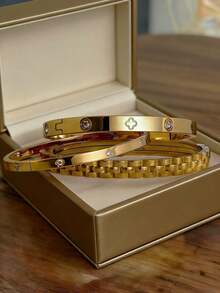 3/1pc Stainless Steel Gear & Clover Bracelet Jewelry Set, Stackable Or Standalone, Suitable For All Occasions - Gold - View 5