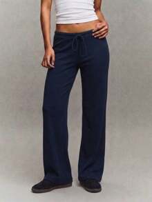 Women's Casual Black Wide Leg Fabric Pants With Drawstring Detail Long Medium Stretch - Navy Blue - View 2