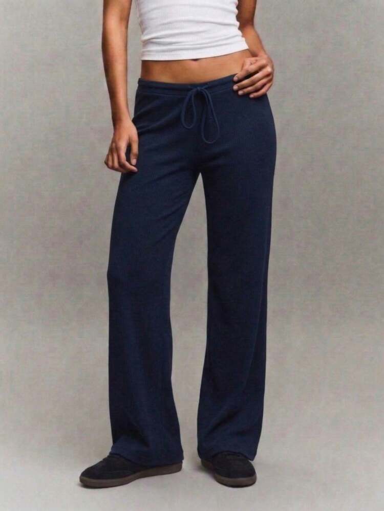 Pantaloni casual a gamba larga in tessuto nero da donna con dettaglio coulisse, lunghezza media, elasticizzati - Blu Navy - Visualizzare 2