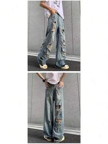 Pantalones de alta calle estadounidense 2026 jeans destrozados con estilo punk europeo y estadounidense unisex para hombre y mujer en descuento de fin de año para fiestas de Año Nuevo en invierno - Azul - Ver 10