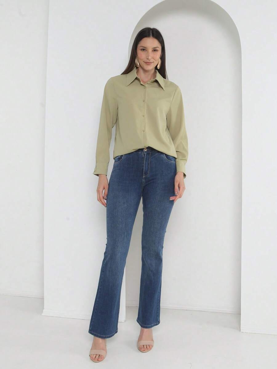 Women's Long-Sleeved Collared Shirt In Lightweight Plain Fabric - Maxma 2019 Simple Casual Elegant Polyester Button - Xanh ô liu 2 - Xem 1