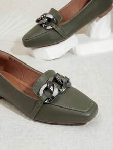 Olive Green Nappa Square Toe Moccasin I Chain - 軍綠色 - 查看 3
