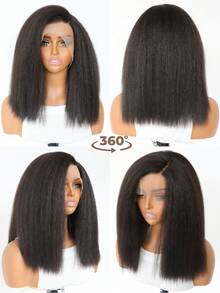 Short 14 Inch Dark Brown Kinky Yaki Straight Lace Front Wig, Afro Texture Synthetic Hair, 5" Deep Side Part, Pre-Plucked Natural Hairline Daily Wear - 黑色 - 查看 9