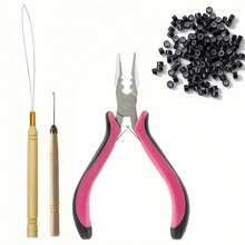 Bộ dụng cụ nối tóc 200 hạt cườm nhỏ màu đen, nâu đậm, nâu nhạt, vàng, 1 kìm bấm hạt cườm, 1 kim móc. - Xem 13