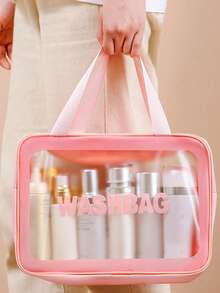 1 pieza/3 piezas Juego de bolsas cosméticas portátiles impermeables de gran capacidad de PVC, diseño de patrón bohemio de moda transparente, con cremallera resistente, material de PVC ligero y duradero, protección perfecta para cosméticos contra derrames y humedad - Rosa - Ver 2
