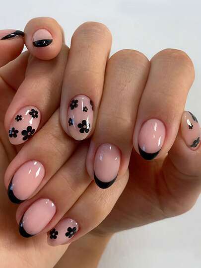 24片黑色极简法式花朵假指甲，短款椭圆形压花人造指甲，适合女性，春夏日常装饰