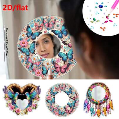 1pc 2D/Flat Diamond Painting Makeup Mirror Kit, Butterfly, Bird, Flower Pattern Themed Acrylic Craft, Decorated With Round Crystal Gems, Suitable For Adult Home Decor, Great Gift For Women's Day, Thanksgiving, Birthday