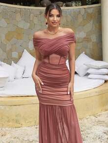 Vestido de noche elegante de gasa con pliegues, convertible con hombros descubiertos, estilo sirena con sujetador incorporado, color rosa primaveral para fiesta y boda - Rosa - Ver 7