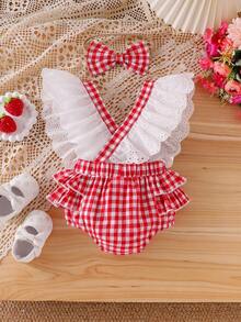 2件装女婴夏季可爱草莓蕾丝边双蝴蝶结拼接撞色格子无袖吊带露背腰部连体连衣裙，配蝴蝶结发带 - 紅色 - 查看 2