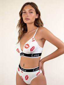 Lilivine 女士唇形印花三角胸罩和内裤，采用舒适亲肤面料，内衣 - 白色 - 查看 1