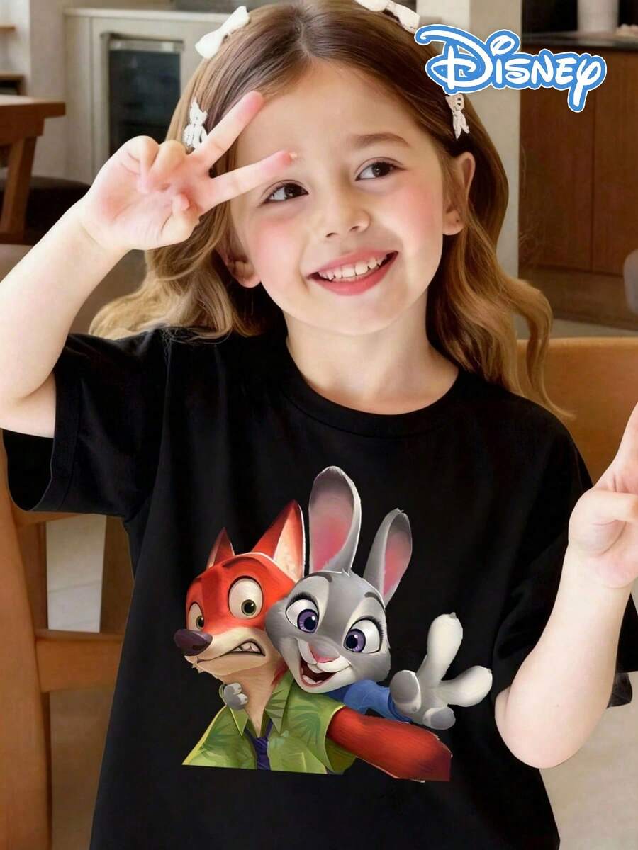 Disney Girls' Black Base Zootopia Short Sleeve T-Shirt, Breathable & Skin-Friendly, Top For Daily Leisure - 黑色 - 查看 1