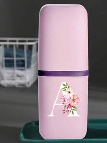 Pink Portable Travel Toothbrush Cup, Haitang Flower Letter A-Z Pattern, Mouthwash Cup, Household Bathroom Storage, Mouthwash Cup, Travel Toothbrush Box, Makeup Brush Storage Box, Multifunctional Toothbrush Cup, Alcohol Free, Plastic Material, Compact Design, Very Suitable For Oral Care Anytime, Anywhere. Outdoor Business Travel Supplies Box, Suitable For Travel, Camping, Business Trips, And School, Essential For Outdoor Travel - Multicolor - View 3