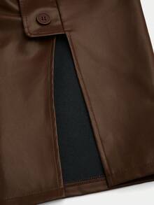 GLOURI Women's Brown Vegan Faux Leather Midi Skirt - High Waisted Ruched Bodycon With Side Slit & Button Detail | Versatile Office, Date Night & Party Outfit (Belt Included) - 棕色 - 查看 8