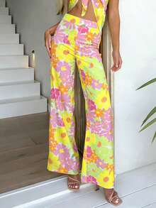 Women's Yellow Floral Print Pants, Suitable For Spring And Summer - Multicolor - View 3