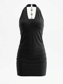 女士无肩带吊带连衣裙，性感紧身迷你裙，独特优雅的派对礼服，春夏款 - 黑色 - 查看 2