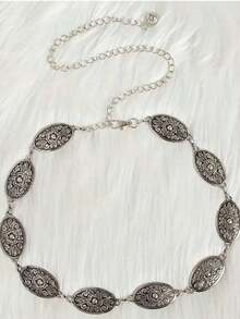 CPA-1pc Plus Size Women's Waist Belt, Western Style Boho Vintage Floral Buckle Textured Metal Waist Chain, Beach Vacation, Party, XXL Fall, Autumn, Halloween - 銀色 - 查看 3