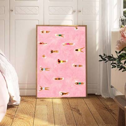 1pc Framed/Unframed Tiny People Swimming Pool Canvas Poster Aerial View Pink Coastal Wall Art Print Minimalist Summer Beach House Decor Painting For Apartment,Living Room,Bedroom,Modern Home Decoration