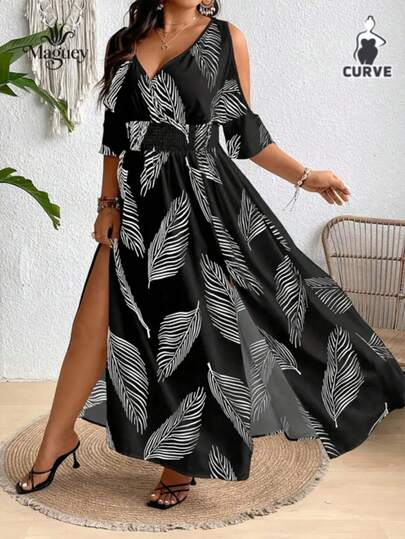 Vestidos de Mujer Talla Grande Estilo Bohemio con Estampado de Plumas y Escote en V para Vacaciones de Verano