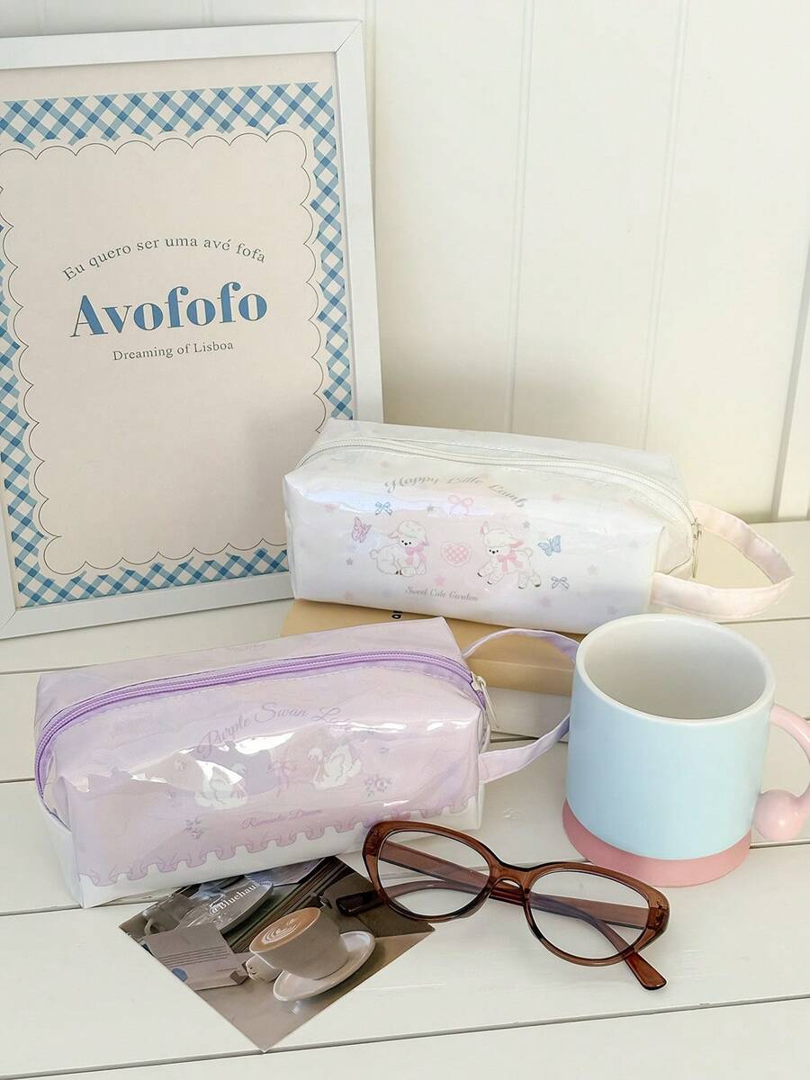 1 pieza Estuche de lápices de PVC, bolsa de almacenamiento de papelería de gran capacidad con estilo dulce Ins, impermeable y de alta calidad, con estampado de oveja linda y cisne hermoso - Bolígrafo - Ver 1