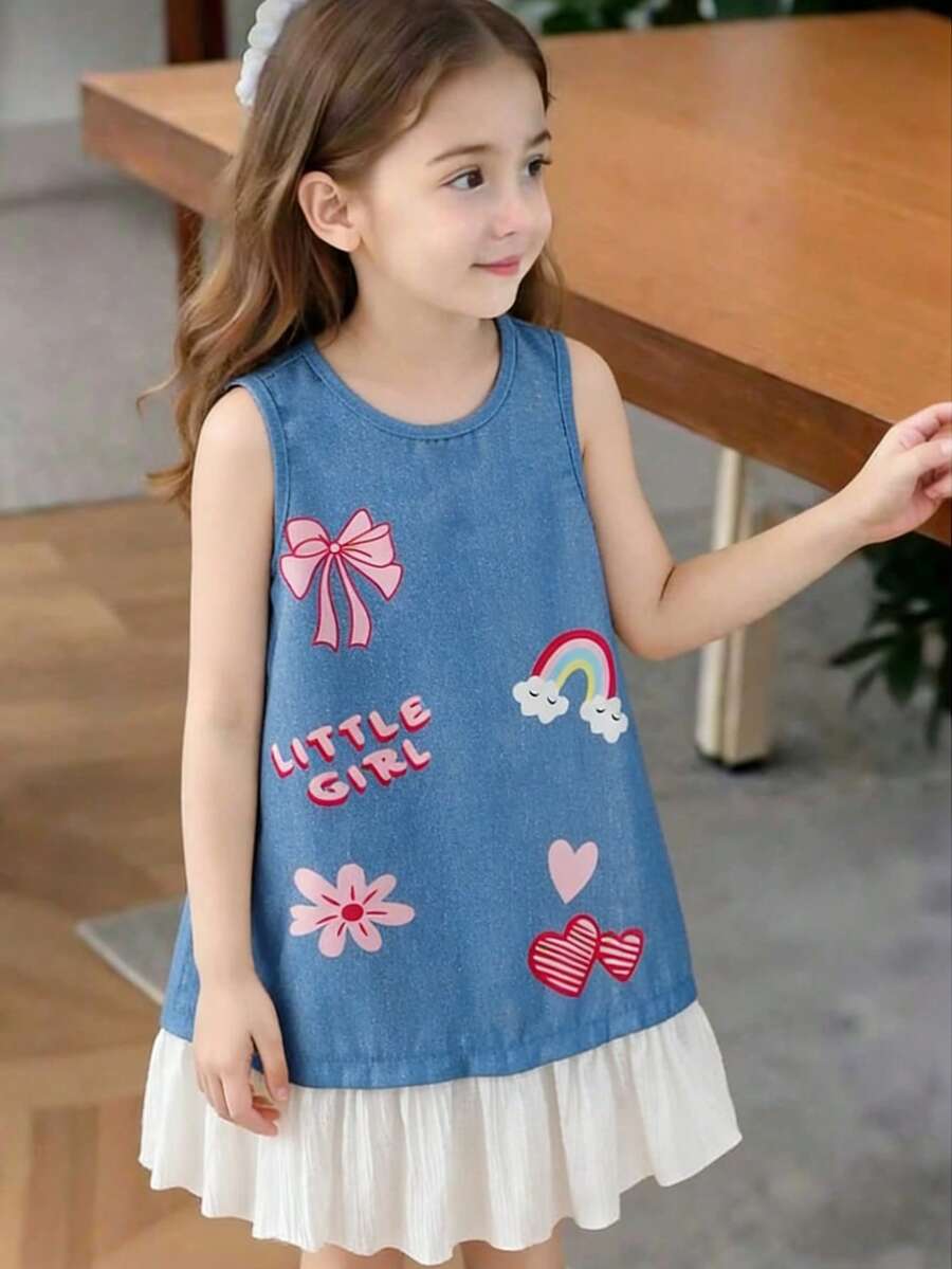 [Non-Denim] Young Girls' Summer Sleeveless Denim-Like Dress, Loose Fit With Cute Printed Pattern, Fashionable, Sweet And Lovely, Suitable For Outings, Birthday Parties, And Gatherings - Blue and White - View 1