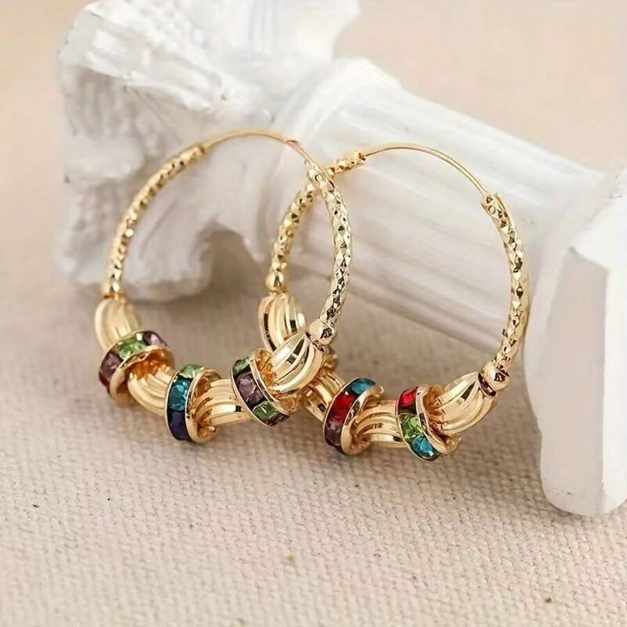 1 Pair Cute Golden Bow Egg Shaped Earrings With Colorful Rhinestones, Resin Easter Decorative Sweet Holiday Party Earrings - Multicolor - View 1