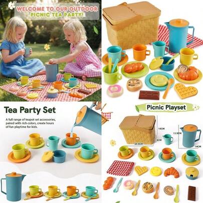 BtdsrgrPicnic Basket Toys For Toddlers Play Tea Sets With Teapot Tea Cup Dessert Food And Mat Pretend Play Kitchen Accessories Tea Party Set Little Girl Boy 3 4 5 Years Olddhbtd