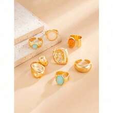 Set de 7 anillos de acrílico con incrustaciones, set de anillos abiertos con textura martillada asimétrica, adecuado para fiesta, regalo, uso diario - Oro-1 - Ver 2
