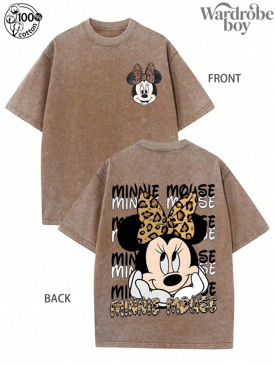 Disney Printed Wash Water T-Shirt,Disney Leopard Print Minnie  Graphic T-Shirt,Unisex,High-Quality Pure Cotton T-Shirt,Suitable For All Seasons, Comfortable And Breathable| Exquisite Design | The Best Choice For Giving Gifts - 卡其色 - 查看 1