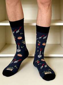 1 双男士海军蓝镶边园艺工具和蔬菜图案中筒袜，日常穿着，四季皆宜 - 彩色 - 查看 4