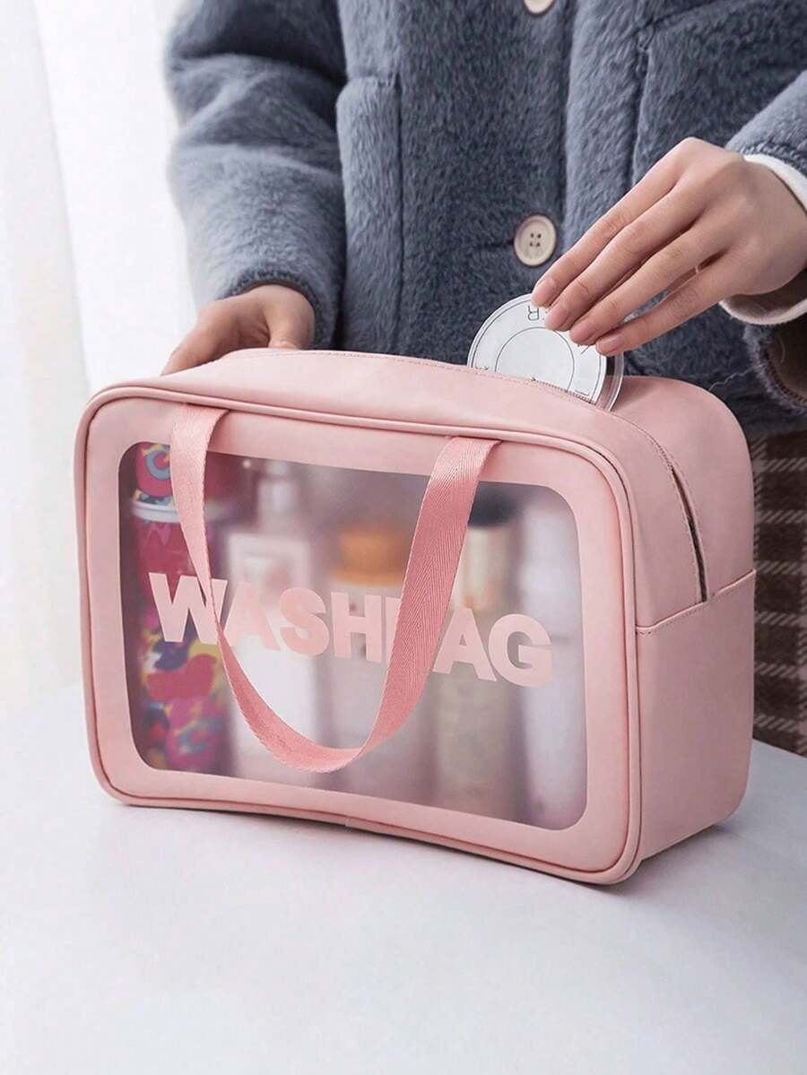 1pc PVC Transparent Large Capacity Cosmetic Bag, PU Waterproof Portable Toiletry Bag, Women's Handheld Travel Organizer, Pink