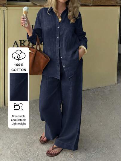 PoPoHouse Women 2-Piece Set - Solid Color Cotton Casual Elegant Long Sleeve Collared Shirt And Loose Wide Leg Pants Set, Suitable For Commuting, Casual Travel, Valentine's Day, Spring/Summer Daily Wear
