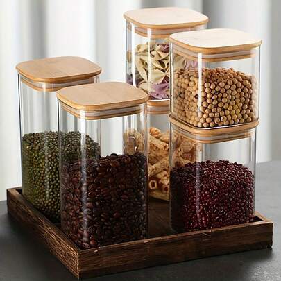 1pc Simple Transparent Square Glass Jar With Bamboo Lid, Airtight Food Storage Container, Elegant & Lightweight, Stackable For Kitchen Decor And Pantry Organization