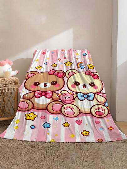 This Is A Teddy Bear Themed Flannel Blanket, With A Pink And White Striped Base Color, Accented With Yellow Stars, Colorful Hearts, And Small Rainbows, Creating A Fresh And Healing Style Full Of Childlike Charm, Combining Modern Aesthetics And Approachability. It Has The Features Of Warmth And Softness, And Can Be Used As A Sofa Throw, Nap Blanket, Or Bedding Decoration.