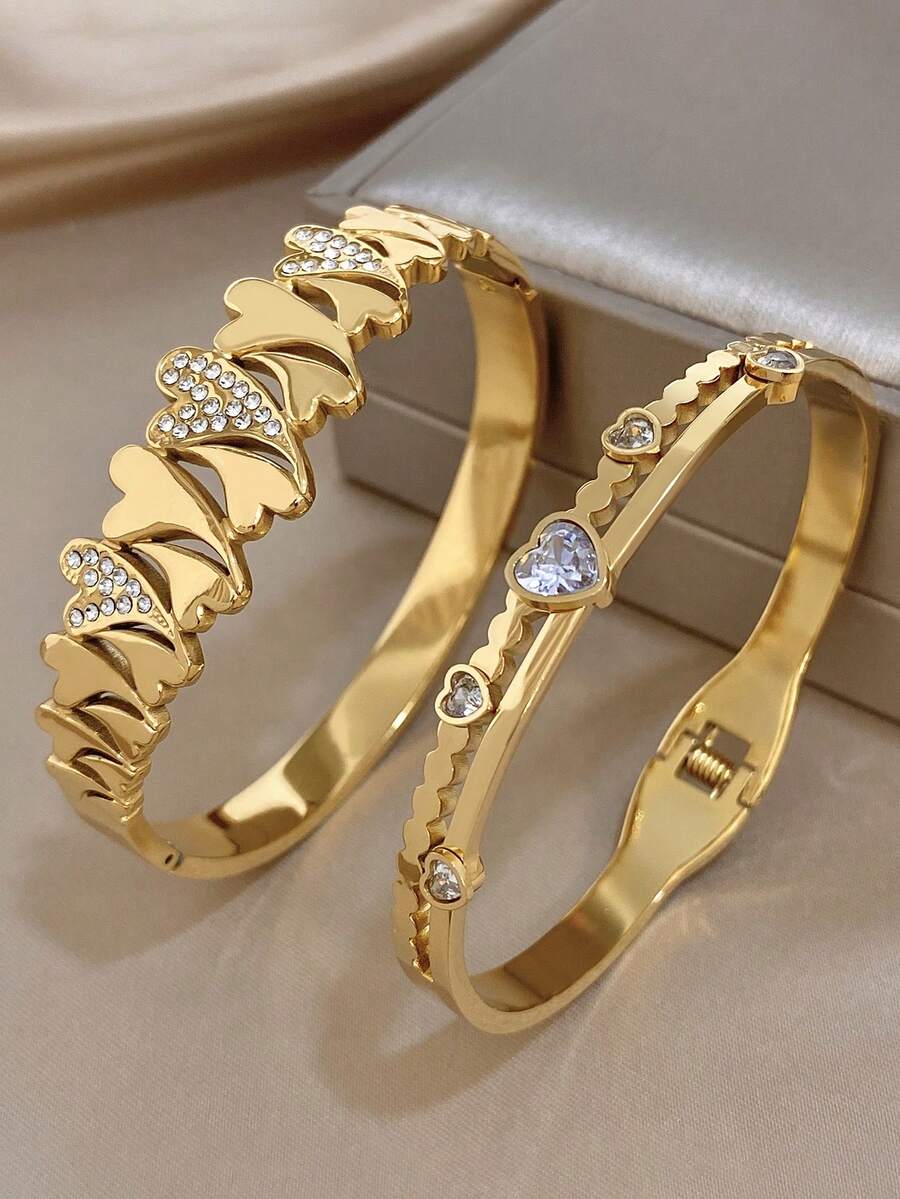 18K Gold Plated Stainless Steel Vintage Romantic Heart-Shaped Diamond Bangle Bracelet Set For Women Ladies, Summer Bohemia Beach Stainless Steel Jewelry, Vacation Season, Gifts For Mom, For Daily Party Dates Gala Wedding Valentine Anniversary Music Festival Christmas, Dates, Easter Day - Multicolor - View 1