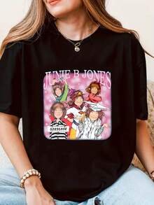 Pink Junie B Jones Graphic T-Shirt, Women'S Casual Large Size Short Sleeve, Comfortable Round Neck, Teacher'S Day Essential Gift, Spring And Summer Tops - 220g - 黑色 - 查看 11