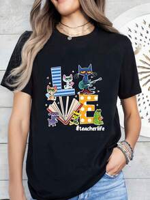 Large Size Women'S  The Cat Printed Pattern Round Neck Short-Sleeved T-Shirt, Comfortable And Breathable, Fashionable And Casual Style, Suitable For Daily Wear In Spring And Summer 220G - Black - View 12