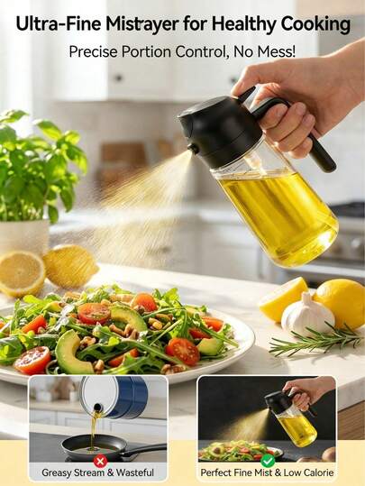 1 bình xịt cao cấp màu đen, thích hợp cho nấu ăn, nướng ngoài trời và các buổi họp mặt kinh doanh. Có thể dùng cho nhiều loại gia vị như dầu ô liu, dầu óc chó, nước tương, giấm, rượu vang và nồi chiên không dầu. Thiết kế lọc chống tắc nghẽn, vòi phun góc rộng 3D chống rò rỉ, thích hợp cho dầu ô liu, giấm, nước, nước tương | Lý tưởng cho nấu ăn, nồi chiên không dầu, làm salad, nướng, làm bánh, quay, chiên, BBQ ngoài trời, cần thiết cho các chuyến đi chơi mùa xuân.