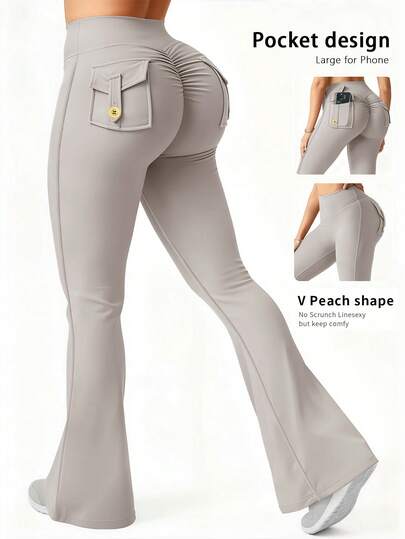 6pecil Women's Outdoor Flared Leggings With Pockets Women's Tight Sports Leggings Butt Lift Fitness Yoga Pants Leggings Sweat Pants Women Cloudy Gray Spring