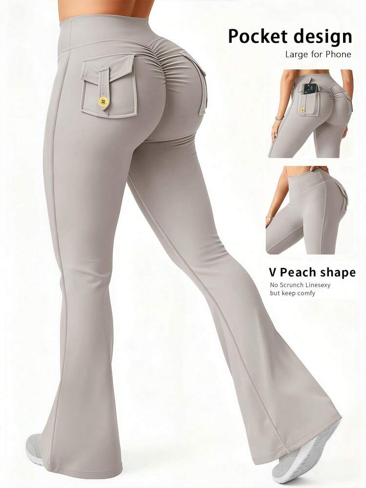 Leggings acampanados con bolsillos para mujer, leggings deportivos ajustados que levantan el trasero, pantalones de yoga y fitness, pantalones de chándal para mujer, color gris nublado, primavera - Gris Claro - Añade 1