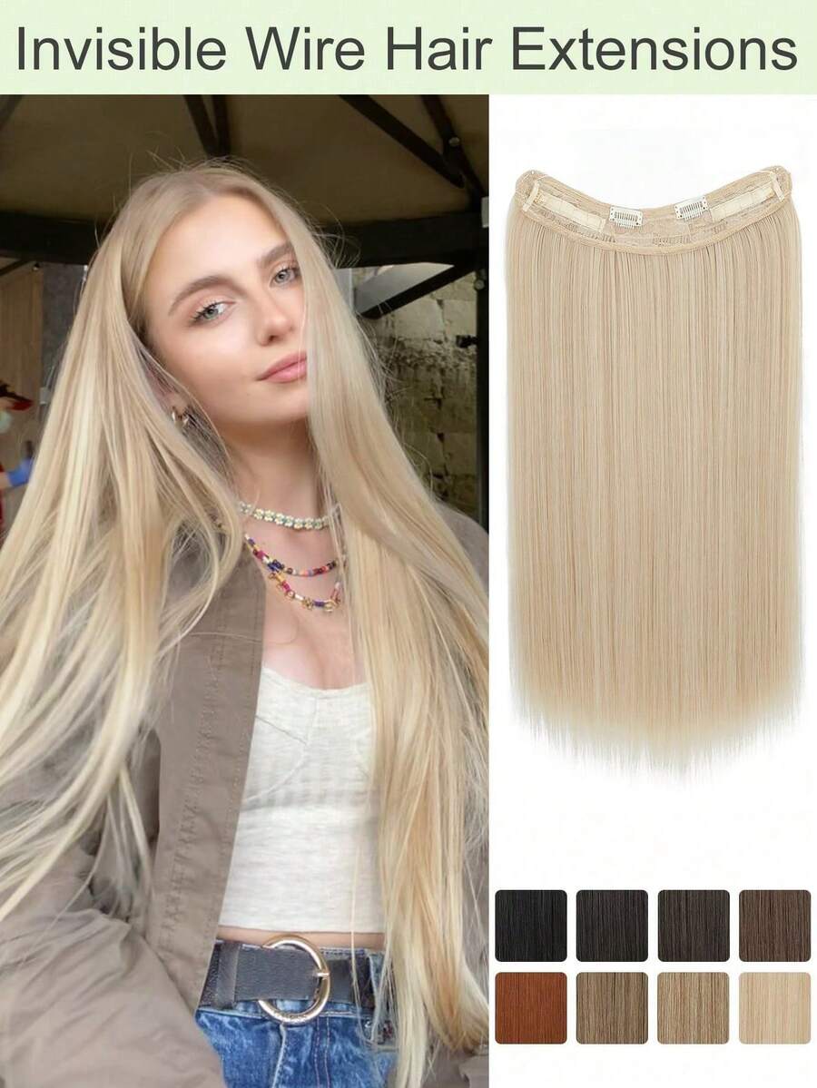 Extensiones de cabello invisibles de alambre de acero de 22 pulgadas, aro de cabello transparente, tamaño ajustable, clips de desmontables, extensiones de cabello invisibles rectas para mujeres - Multicolor - Ver 1