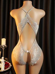 Floral Lace Scallop Trim Crotchless Teddy Bodysuit - Grey - View 3