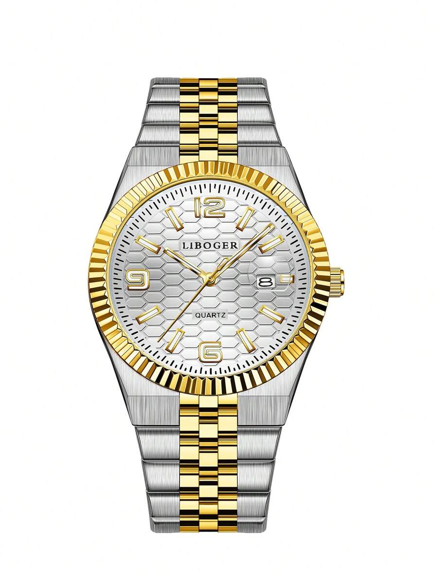 BERGCOZ Round Quartz Watch For Men, Casual & Fashionable, Suitable For Daily Wear, Birthday Gift, Party, Holiday Gathering, Ideal Gift For Yourself Or Friends. No Packaging Included. - V303-golden White - View 1