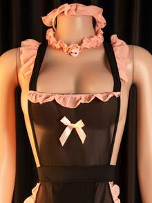 Sexy Sheer Maid Costume Set, Including Headband, Bell Collar, T-String, Maid Dress And Wristband - Black - View 6